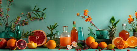 A colorful and vibrant arrangement of citrus fruits, herbs, and glass bottles against a green background, showcasing a fresh, natural aesthetic with elements of orange, grapefruit, and greenery.の素材