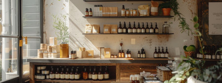 A cozy shop interior featuring a variety of natural products displayed on shelves, with warm sunlight streaming through the windows, highlighting the organic and handmade items.の素材