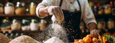 A dynamic image of a chef sprinkling flour over a wooden table in a rustic kitchen, surrounded by fresh vegetables and jars of ingredients, capturing the essence of traditional cooking.の素材