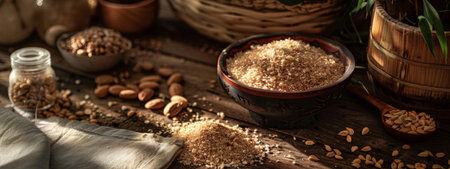A rustic setup featuring a bowl filled with grains surrounded by almonds on a wooden table, emphasizing natural ingredients and a wholesome lifestyle.の素材