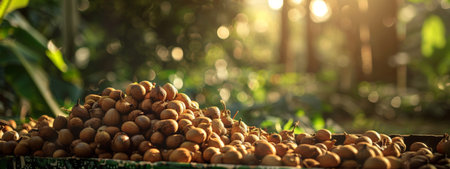 A close-up of freshly harvested nuts piled in a basket, with sun-dappled leaves in the background. The warm, natural light and earthy tones evoke a sense of abundance and connection to nature, ideal for themes related to farming, harvest, and organic living.の素材