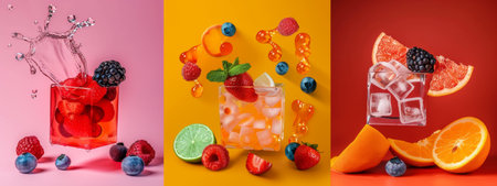 Creative display of assorted fruits with ice cubes and splashes on colorful backgrounds. The triptych composition uses vibrant colors to enhance the freshness and appeal of the fruits.の素材