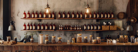 A cozy artisan food market featuring jars of spices and ingredients, as well as bottles of beverages, all displayed on wooden shelves. The warm lighting and rustic decor add to the inviting and authentic atmosphere.の素材