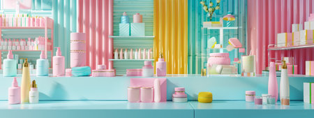Bright and playful skincare product display in a pastel-colored store, featuring a variety of products arranged on shelves and counters. The image is youthful and fun, ideal for modern beauty brands.の素材