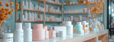 A bright and modern skincare store interior with a variety of products neatly arranged on shelves. The image showcases a clean, organized space, perfect for themes of beauty, retail, and wellness.の素材