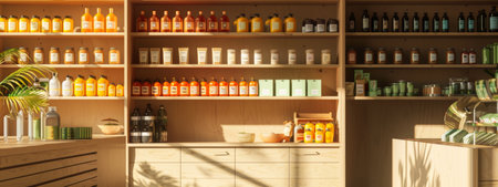 Sunlit scene of wooden shelves filled with various natural skincare products in orange and neutral tones. The image emphasizes a warm and organic atmosphere, ideal for promoting eco-friendly and natural beauty brands.の素材