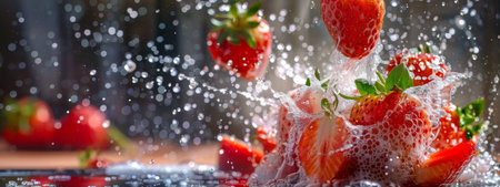 A close-up of fresh strawberries splashing in water, surrounded by droplets in mid-air. The vibrant red strawberries and dynamic water splash create a refreshing and energetic scene.の素材
