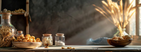 A rustic kitchen scene with dried herbs and natural lighting casting warm rays on a wooden table. The image evokes a sense of traditional homesteading and organic living, perfect for culinary and lifestyle themes.の素材
