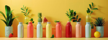 An assortment of colorful bottles paired with green plants, set against a bright yellow background. The image is vibrant and fresh, ideal for product packaging, health, and wellness visuals.の素材