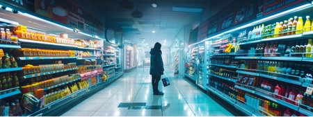 A moody grocery store aisle with a single shopper captured in soft, diffused lighting. The image conveys a sense of solitude and reflection, ideal for retail, urban, and lifestyle themes.の素材