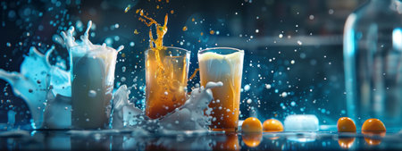 A dynamic image capturing the splash of milk and juice in glass tumblers, accompanied by fresh oranges. The vibrant and energetic composition is perfect for beverage, summer, and refreshment themes.の素材