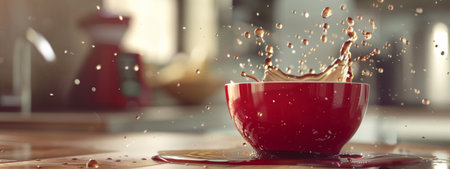 A dynamic image capturing the moment coffee splashes out of a red cup, with droplets suspended in mid-air. The scene is lively and energetic, perfect for themes of freshness, energy, and spontaneity.の素材
