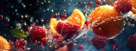 Dynamic close-up of fresh raspberries and orange slices splashing in water, capturing vibrant reflections and an energetic, refreshing feel against a dark backdrop.の素材