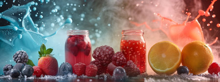 An artistic composition of frozen berries and citrus fruits with a misty background, featuring dynamic splashes of blue and orange, capturing a refreshing and vibrant essence.の素材