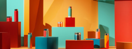 A modern and vibrant display of colorful thermos bottles arranged on various geometric pedestals, set against a background of bold, contrasting colors.の素材