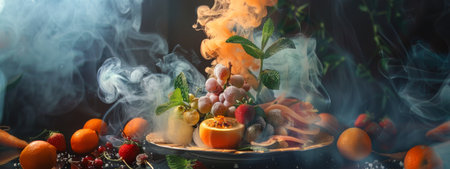 A dramatic food platter featuring fresh fruits and vegetables with a smoky ambiance, creating a mysterious and gourmet atmosphere perfect for high-end culinary presentations.の素材
