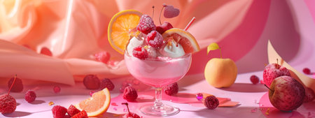 A refreshing fruit dessert featuring citrus slices, raspberries, and a cherry, served in a glass dish on a pink backdrop. The bright and colorful presentation is perfect for summer dessert and healthy eating themes.の素材