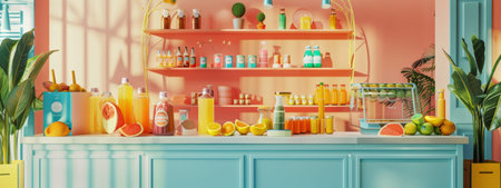 A vibrant juice bar interior with fresh fruits displayed in a colorful, sunny setting. The bright colors and modern design create an inviting atmosphere, perfect for health and wellness promotions.の素材