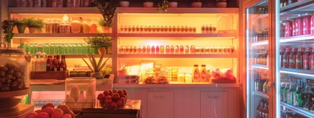 Illuminated shelves in a grocery store showcasing various bottled drinks and products. The warm lighting and neatly organized shelves create a welcoming atmosphere, perfect for retail and beverage promotion.の素材