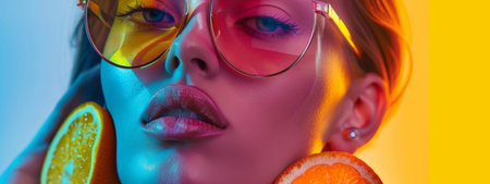 A close-up fashion portrait of a woman with striking makeup, colorful lighting, and citrus slices. The vibrant, artistic composition is perfect for editorial, beauty, or fashion concepts.の素材