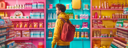 A modern grocery store interior with a man browsing brightly colored shelves filled with various products, creating a vibrant and contemporary shopping scene.の素材