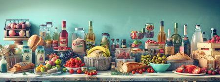 A lavish spread of gourmet food items including bread, fruits, vegetables, and wine bottles arranged on a wooden table, evoking a sense of abundance and culinary indulgence.の素材