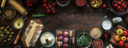 A rustic kitchen table filled with a variety of fresh ingredients, including tomatoes, cheese, olives, and herbs. The natural lighting and wooden surface create a homely and inviting atmosphere.の素材