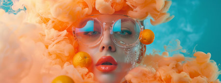 A surreal and creative portrait of a woman wearing glasses, surrounded by orange smoke and small citrus fruits. The vibrant colors and unique concept make this image stand out.の素材