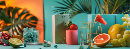 A lively and colorful arrangement of tropical fruits and decor set against a vibrant background, featuring palm leaves, citrus, and modern elements.の素材
