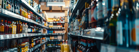 A liquor store aisle featuring shelves full of various alcoholic beverages, including wine, spirits, and mixers. Ideal for retail, shopping, and alcohol-related themes.の素材