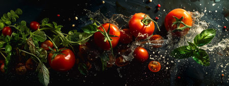 Dynamic image of ripe tomatoes with fresh herbs, captured in motion with water splashes, set against a dark background, highlighting freshness and vitality.の素材