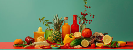 A colorful assortment of fruits and beverages arranged on a pastel background, featuring items like pineapples, lemons, and bottles of juice. The bright and lively composition is perfect for summer-themed promotions and health-focused content.の素材