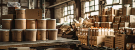 An industrial warehouse filled with stacked cardboard boxes and paper containers. The image captures the organized chaos of the storage area, with a focus on the eco-friendly packaging materials.の素材