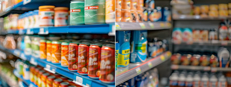 A brightly lit supermarket aisle with blurred focus on canned goods and various products on the shelves, emphasizing the variety of items available in a retail setting.の素材