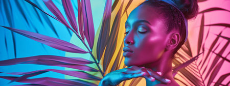 A striking portrait of a woman in neon lighting, surrounded by colorful palm leaves, creating a vibrant and futuristic atmosphere.の素材