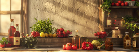A variety of fresh vegetables, herbs, and bottled liquids displayed on a rustic wooden table, bathed in natural sunlight in a cozy, farmhouse-style kitchen setting.の素材