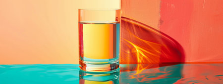 A clear glass of water reflecting vibrant orange and blue colors in a studio setting, with artistic lighting creating a visually striking composition.の素材