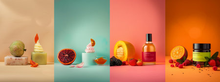 A vibrant and artistic display combining fresh fruits and beauty products in a colorful setup. The arrangement features skincare items alongside oranges, melons, and strawberries, creating a playful and visually appealing scene.の素材