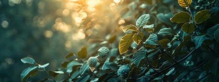 Golden sunlight filtering through lush green leaves in a peaceful garden, creating a warm and tranquil outdoor atmosphere.の素材