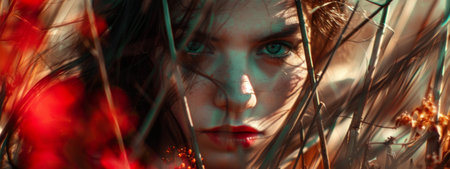 A close-up portrait of a woman's intense eyes peering through natural foliage, creating a mysterious and powerful visual. The red and green tones add depth and emotion to the image.の素材