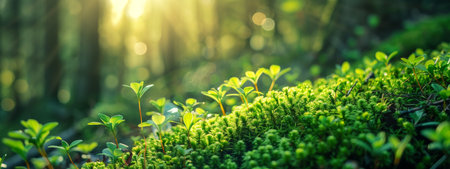 A detailed close-up of lush green moss and small plant seedlings in a forest. Sunlight filters through the trees, creating a peaceful, natural environment filled with vibrant growth.の素材