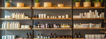 Rustic wooden shelves showcasing a variety of beauty and skincare products, organized in a clean and minimalist style. The display includes natural elements like plants and woven baskets.の素材