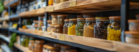 Supermarket shelf stocked with rows of brightly colored juice and beverage bottles, arranged in neat lines, offering a wide variety of drink choices.の素材
