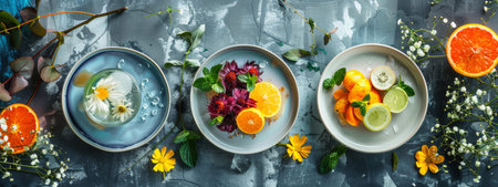 Three creative fruit plates featuring citrus slices, flowers, and herbs, arranged on a textured background, forming a vibrant and artistic food presentation.の素材