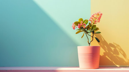 A potted plant with delicate pink flowers is placed in front of a pastel blue and yellow background, casting soft shadows, creating a minimalist and fresh aesthetic.の素材