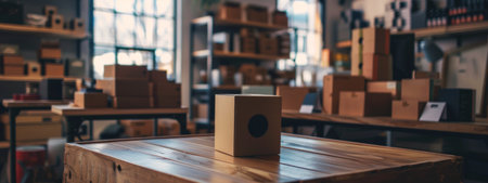 A cardboard box placed on a wooden table in a warehouse setting filled with shelves of packing materials, depicting a storage and packaging environment.の素材