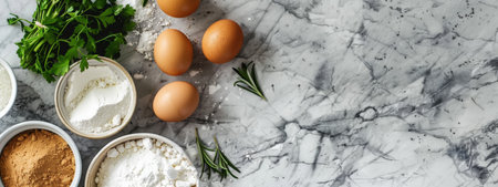 An overhead view of baking ingredients like eggs, flour, and herbs arranged on a marble countertop, ready for cooking and creating a homely, culinary vibe.の素材