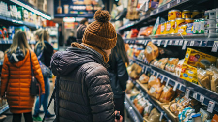 A person in a brown beanie and winter coat browsing products in a grocery store aisle, with shelves filled with food items and other goods, capturing everyday shopping.の素材