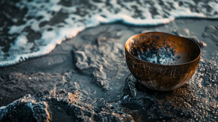 A metal singing bowl rests on a rocky shore while gentle ocean waves approach in the background, creating a peaceful and spiritual coastal scene.の素材