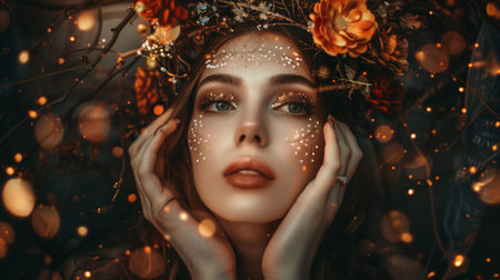 An enchanting portrait of a woman adorned with glitter makeup and a flower crown in a magical, glowing setting. The bokeh lights and delicate details create a dreamlike and ethereal atmosphere.の素材